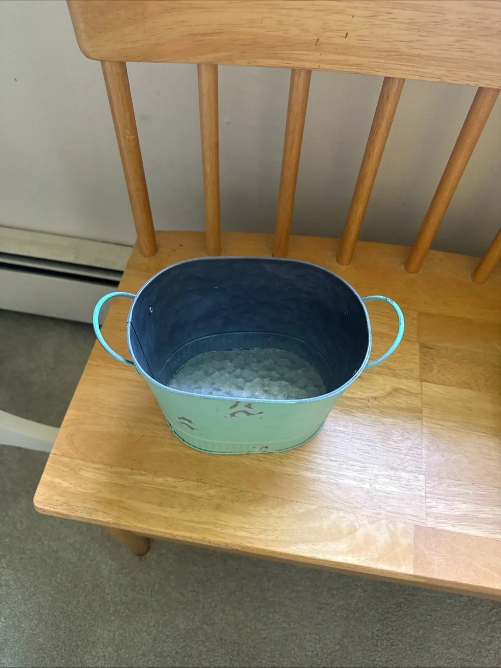 Distressed Mint Green Metal Planter with Side Handles